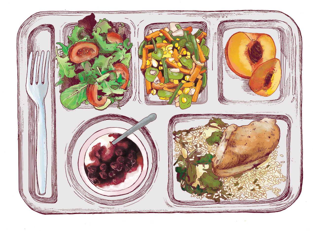 Image of a food service tray with a colorful and nutritious meal including fruits, vegetables, protein, and dessert.