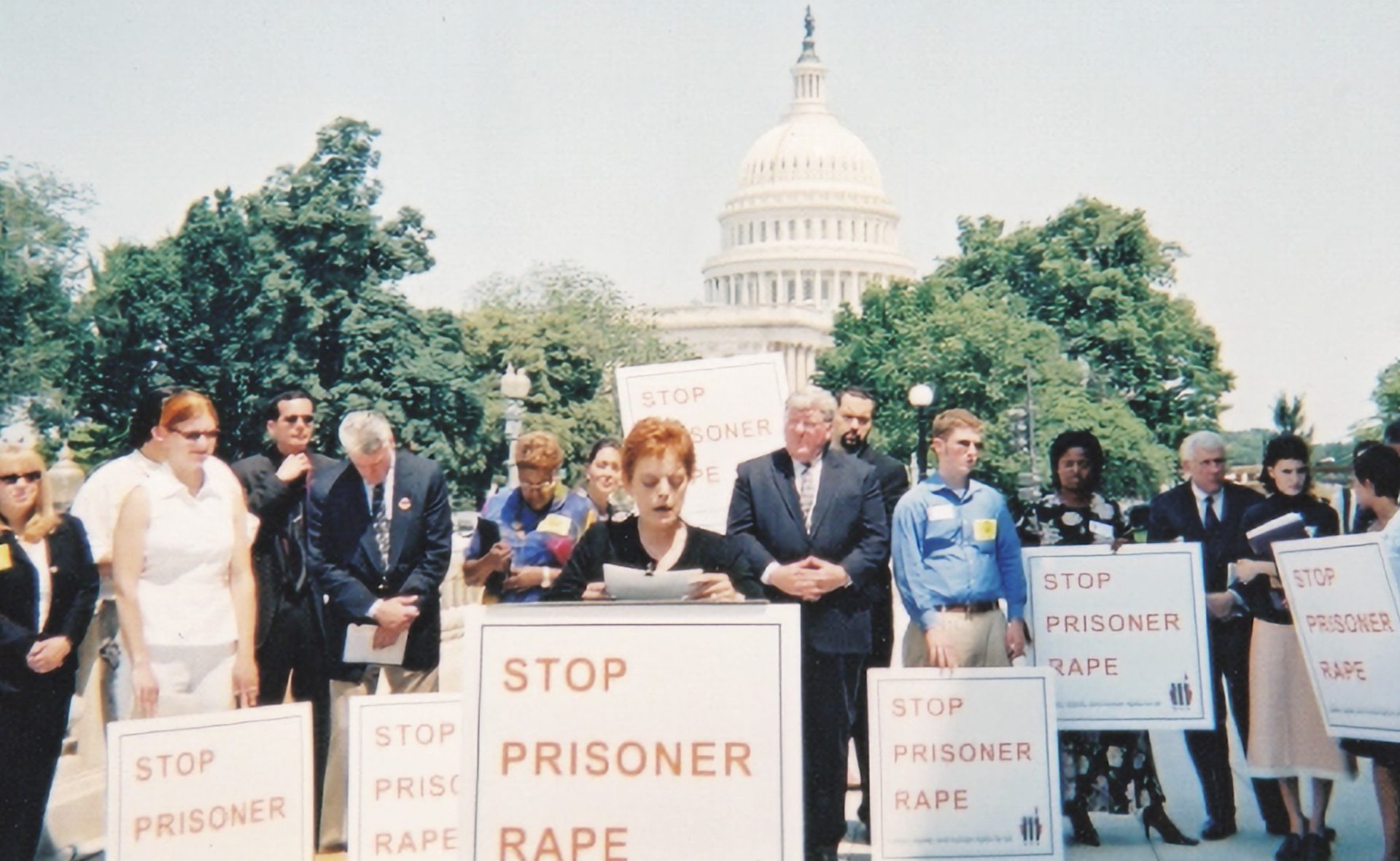Rally against sexual violence in prison in front of the U.S. Capitol building.